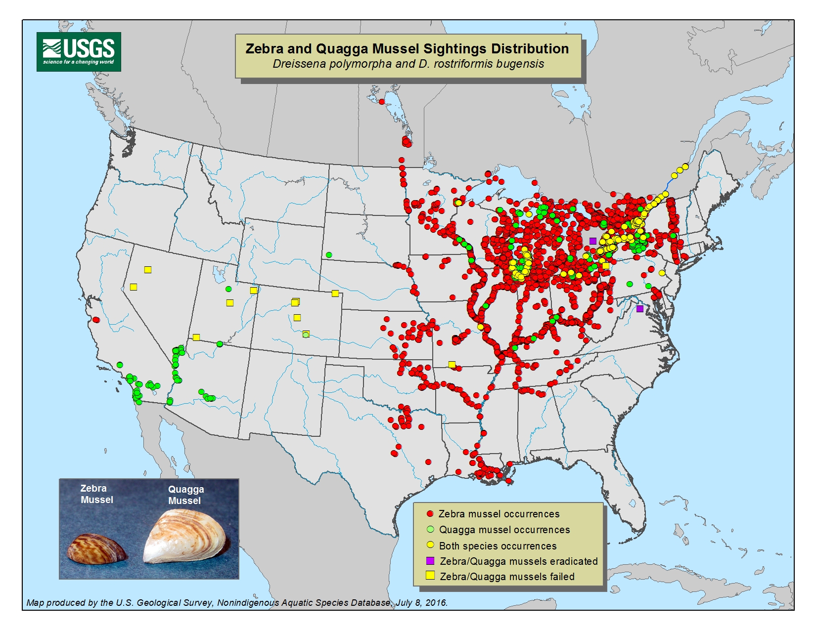 Map of the nationwide distribution of Dreissenid mussels