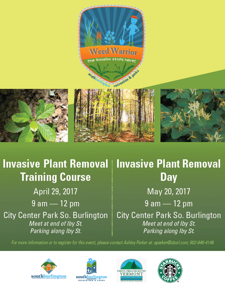 South Burlington Weed Warrior flyer- training course April 29th, removal day May 20th