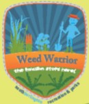 weed warrior logo shows a person pulling up invasive plants with the shape of a shield behind them