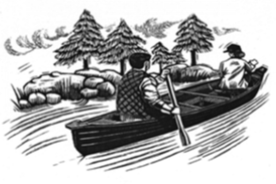 Drawing of people paddling a canoe 